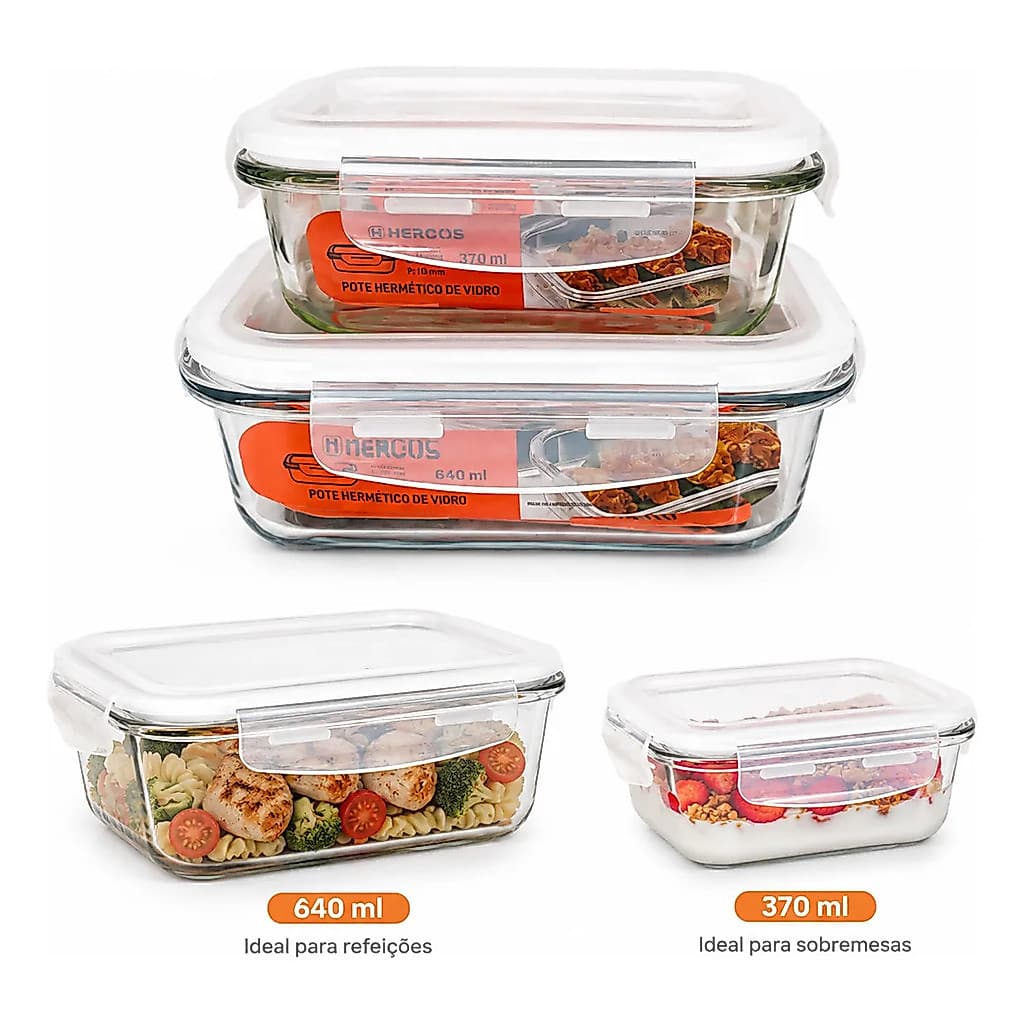 Kit 2 Pote De Vidro 640ml + 340ml Refeição Marmita Sobremesa