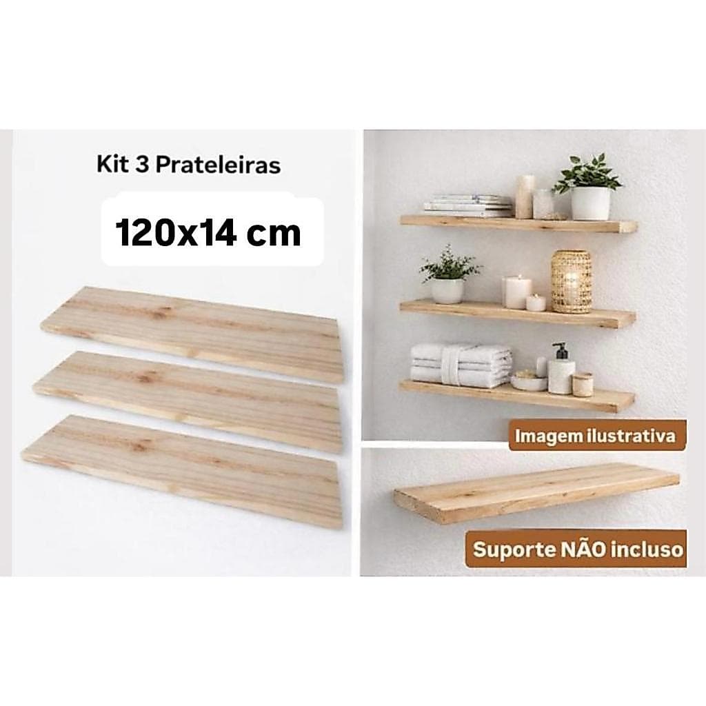 Prateleira de madeira, Pinus, Tabua, 120cm x 14cm, kit com 3