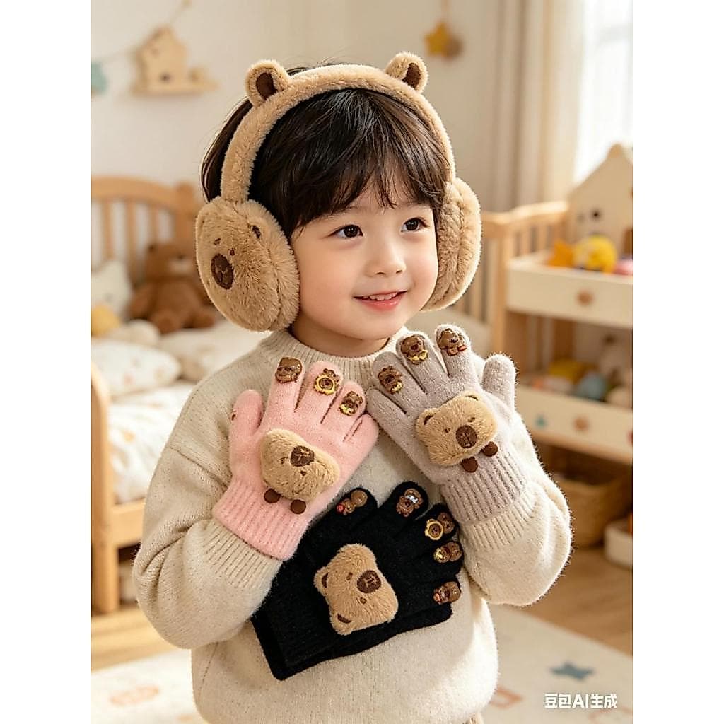 Luva Infantil Capivara 3D  Termica Para 4-10 Anos Um Par(5 dedos acrilico)..c