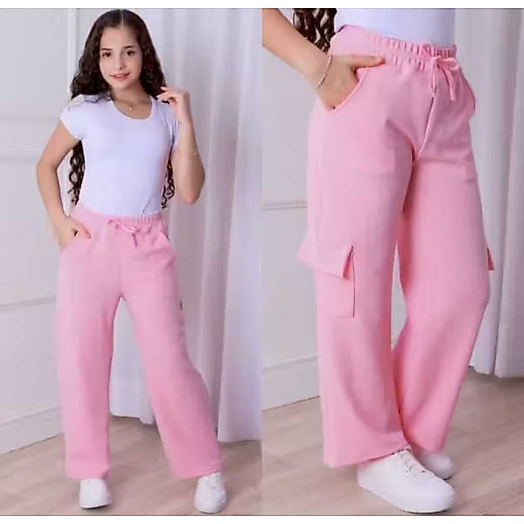 calça cargo juvenil tecido malha crepe calça feminina infantil calça wide leg juvenil cargo calça flare menina