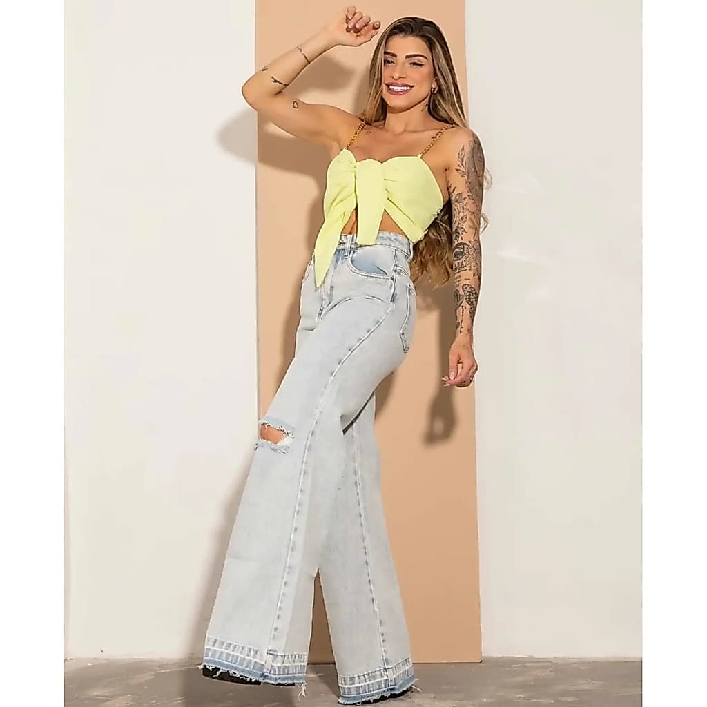 Calça Jeans Feminina Wide Leg Destroyd Blogueira Rasgada Calça Jeans Feminina