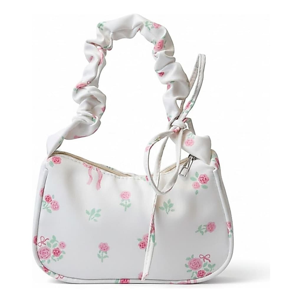 Bolsa Feminina Baguete Floral Rosas Alça Franzida Tendência Coquette