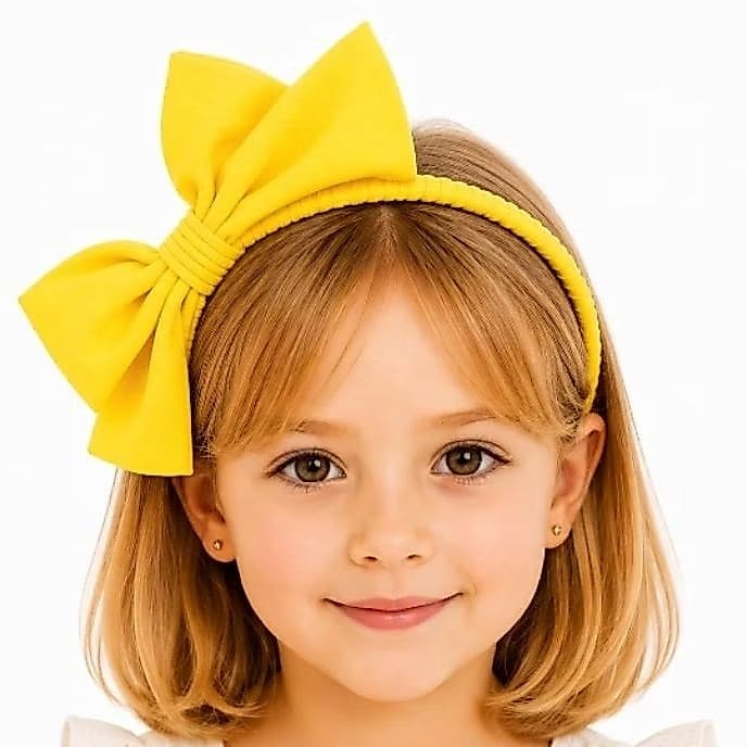 Tiara Infantil Menina Laço Grande Amarelo Algodão Arco Flexível  Várias Cores