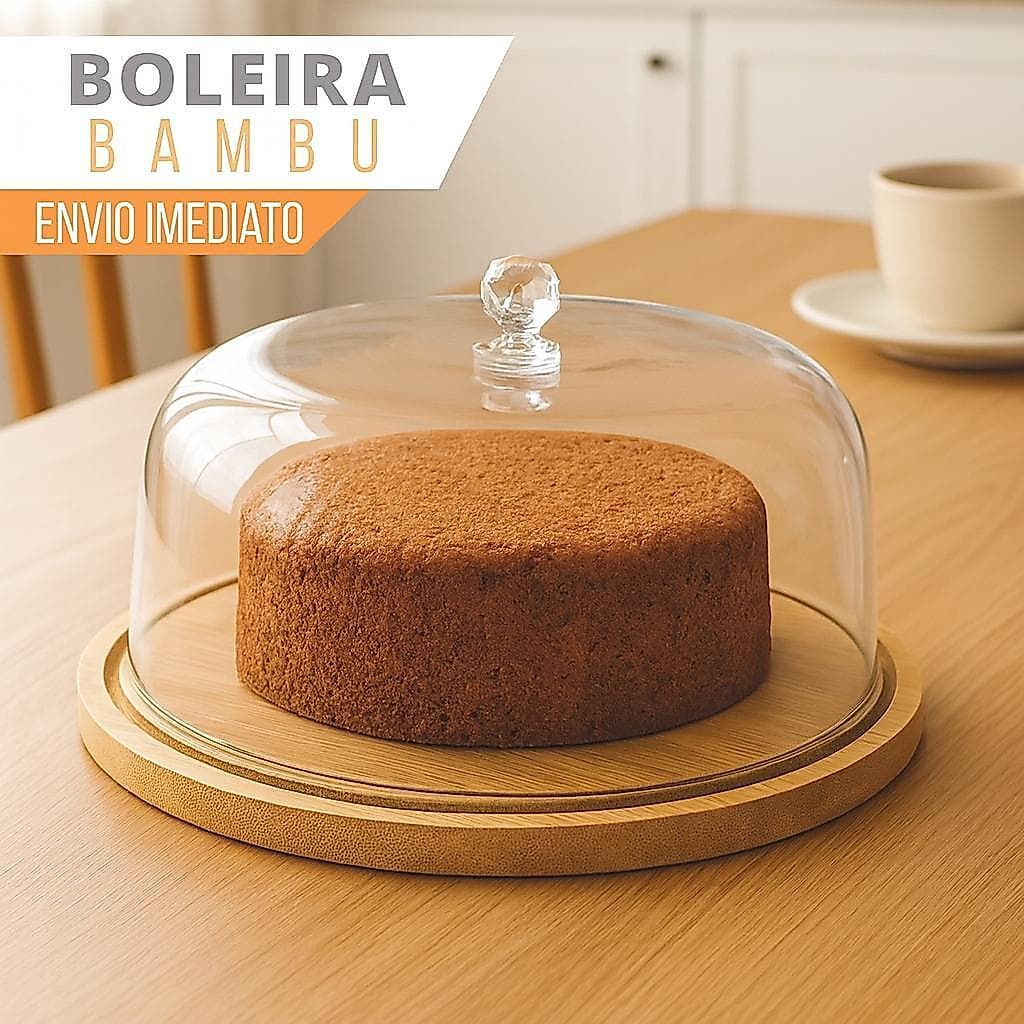 Porta Bolo Boleira Bambu Com Tampa Transparente Acrílica  Tamanho Grande 28 cm