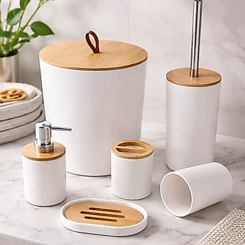 Conjunto Acessórios Kit Completo Para Banheiro Branco 6 Peças Lixeira 6,5 Litros Tampa Bambú