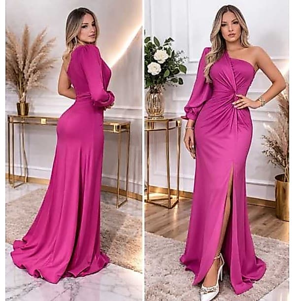 Vestido Longo de Festa Sereia Um Ombro Só Com Manga Convidada Casamento Formatura