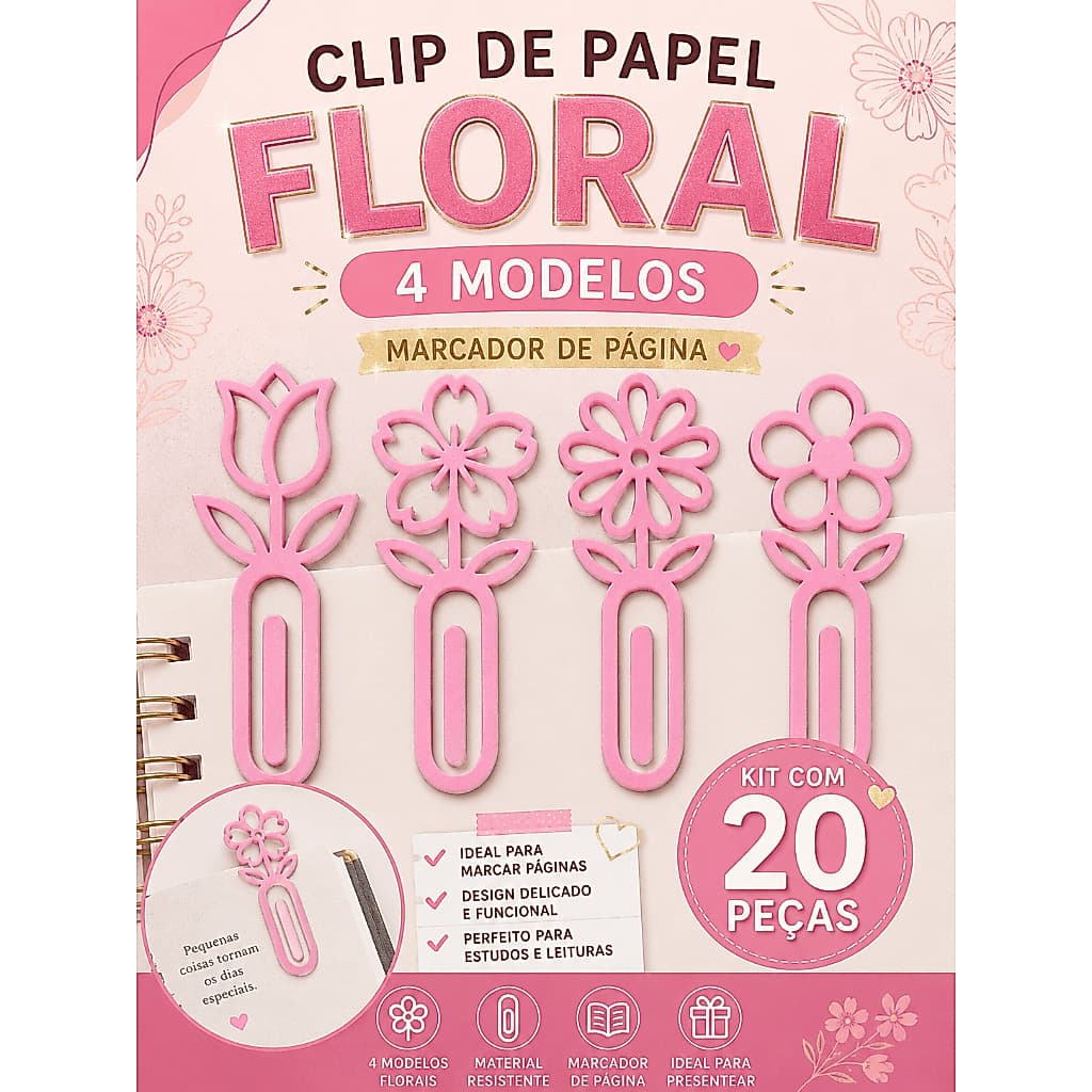 Kit 20 Clips de Papel Floral Marcador de Página 4 Modelos