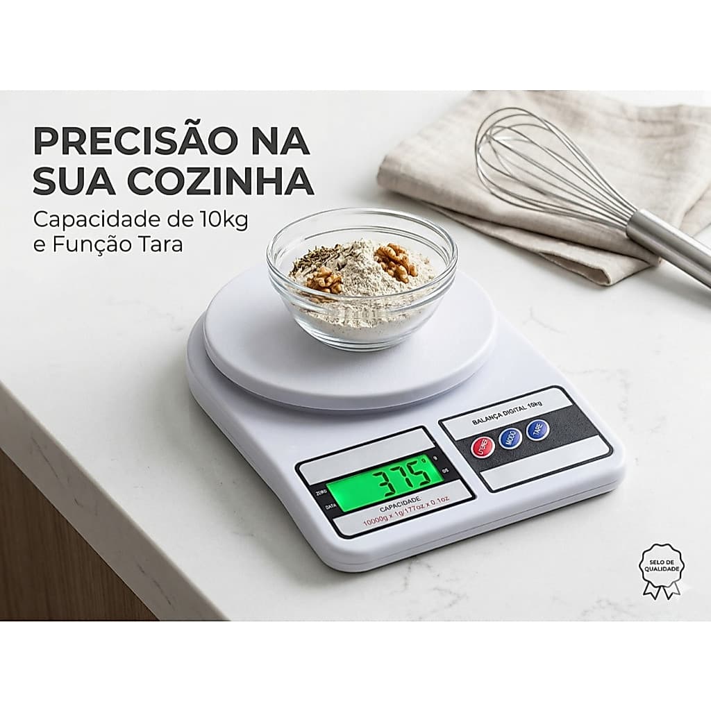 Balança Digital para Cozinha até 10kg Alta Precisão com Display LCD Função Tara Compacta
