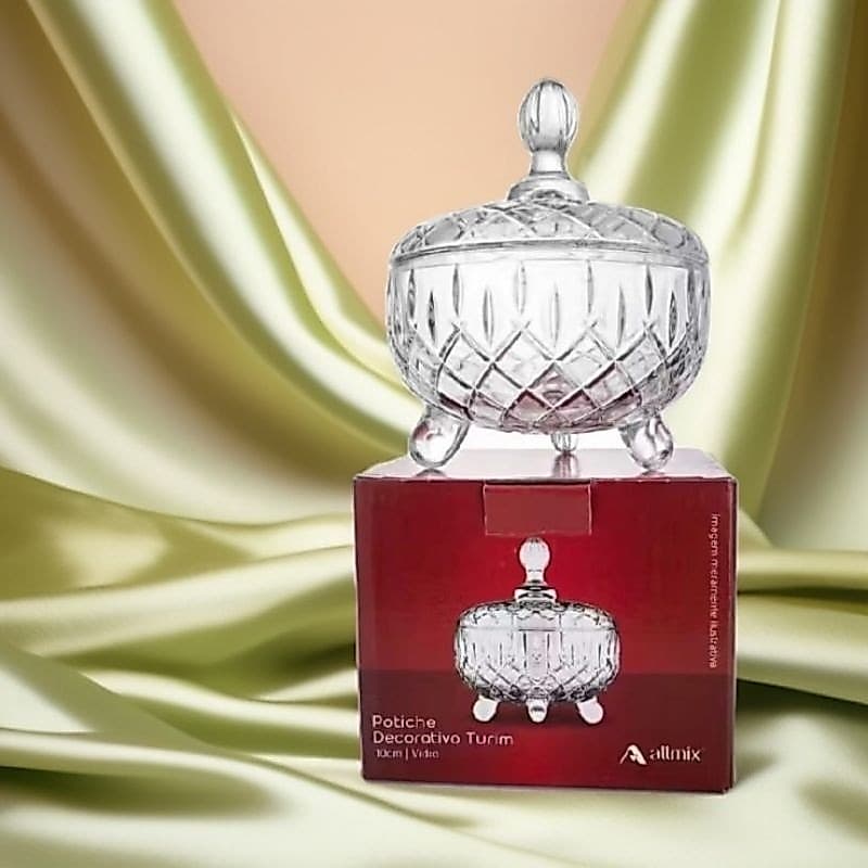 Potiche Decorativo de Vidro Turim com Tampa e Pés 11x12cm Bomboniere Porta Joias Luxo