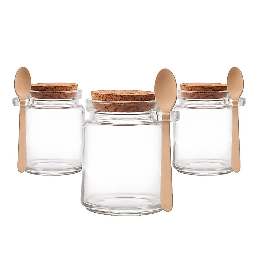 Kit 3 Porta Pote Tempero Saleiro Vidro com Colher de Bambu e Tampa Rolha 200ml