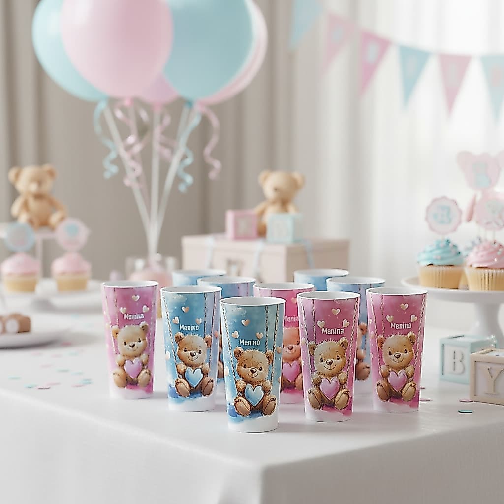 Kit 36 Copos Chá Revelação Decorados  Príncipe Princesa - 350ml Personalizado Rosa e Azul