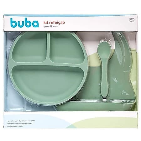 Kit Refeição Prato Ventosa Babador E Colher Silicone Azul Rosa Verde - Buba