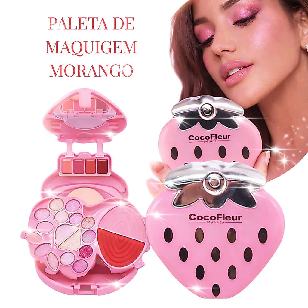 CocoFleur Paleta de Maquiagem Multifuncional Morango 3 Camadas com Blush, Sombra, Iluminador, Batom, Espelho e Esponja