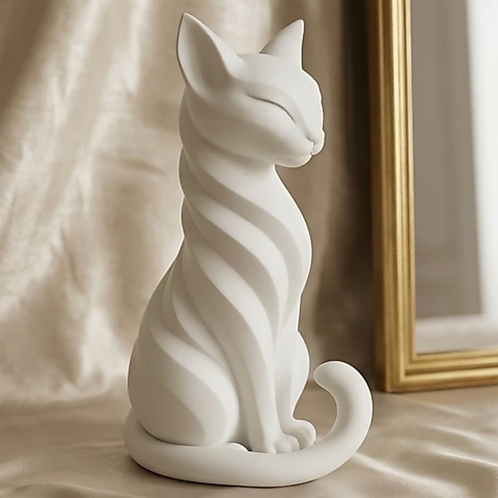 Escultura de Gato Branco Decorativo em Impressão 3D, Estilo Minimalista Moderno para Sala, Quarto, Estante e Nicho