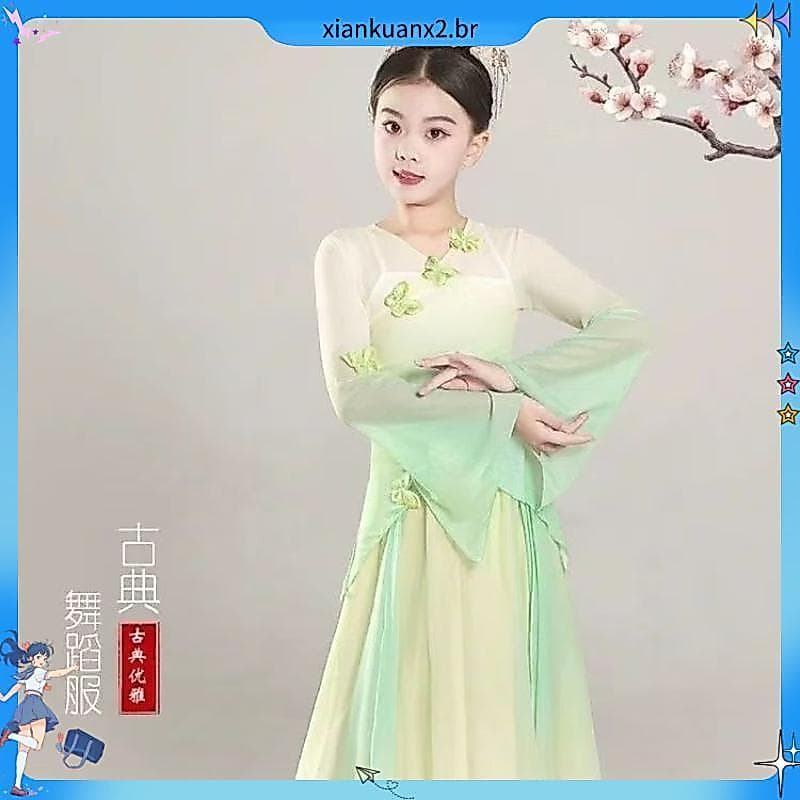 Crianças traje de dança clássica dança chinesa corpo rima prática traje gaze meninas dança étnica fã dança gradiente tra