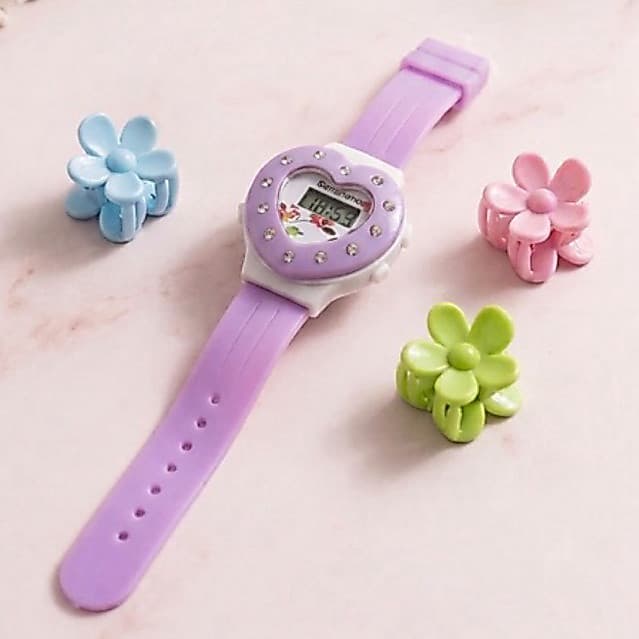 Kit Relógio Digital de Pulso Meninas Coração Strass Brilho Relógio de Pulso Infantil Menina