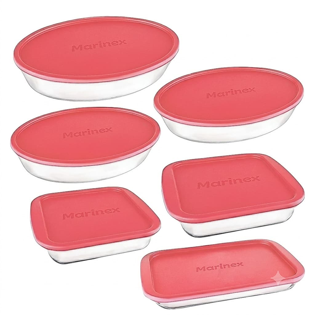 Kit 6 Assadeiras Marinex de Vidro com Tampa Lasanheira Travessa Retangular Oval Quadrada