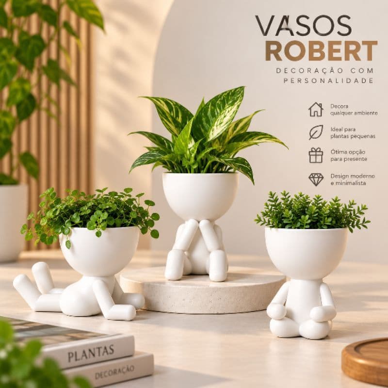 Kit 3 Vasos Robert Decorativos para Suculentas Cactos Plantas Decoração Sala Quarto Escritório Mesa