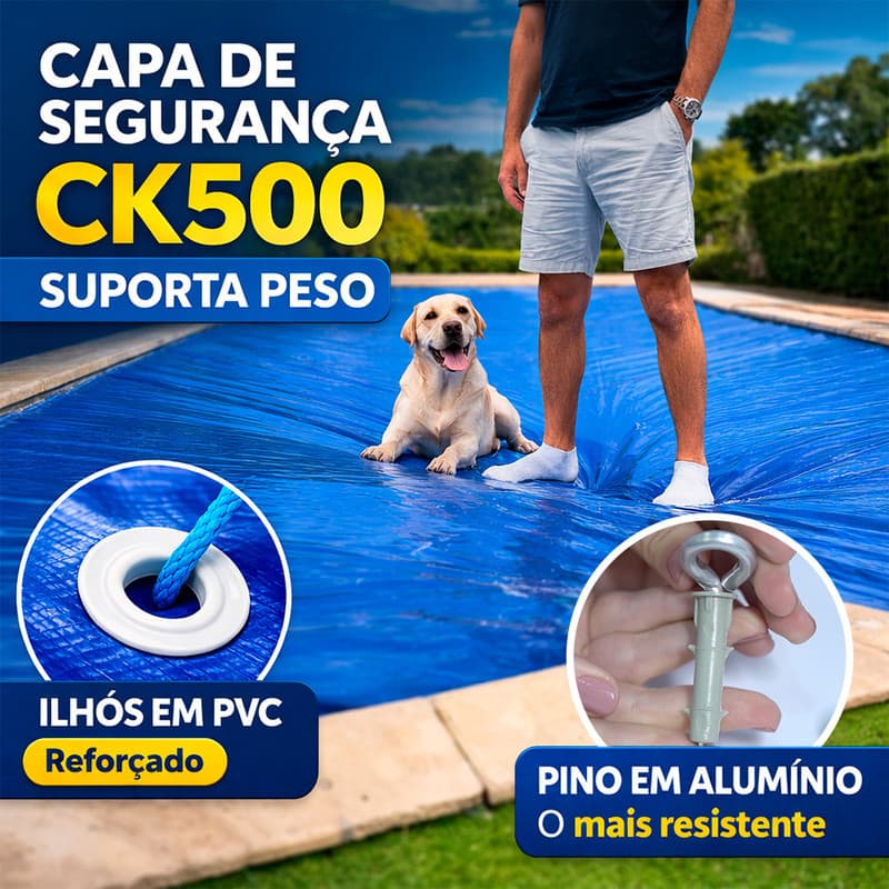 Capa PVC de Segurança Piscina CK500 3,5x6,5 Metros Proteção Contra Quedas + Kit Fixação