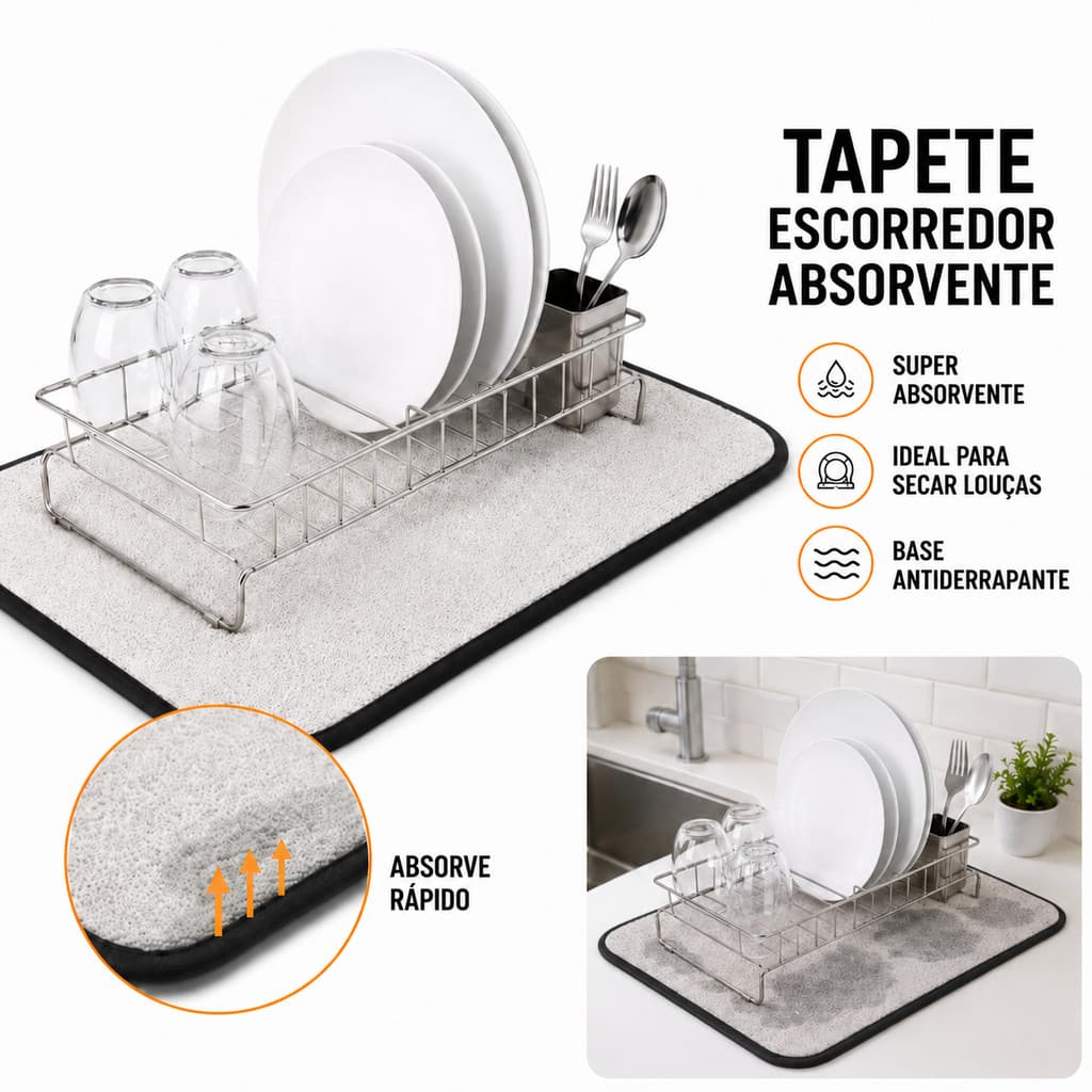 Tapete Escorredor Louça Ultra Absorvente Antiderrapante Secagem Rápida Porta Copos Pia 50x35cm