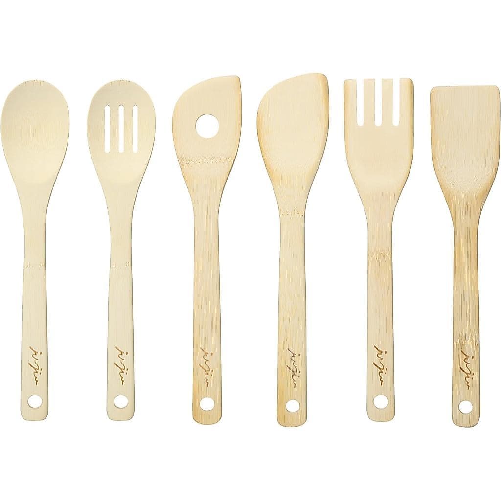 Colheres e Espátulas de Madeira - Conjunto de 6 Utensílios de Cozinha em Bambu - Ferramentas de Cozinha em Material Natu