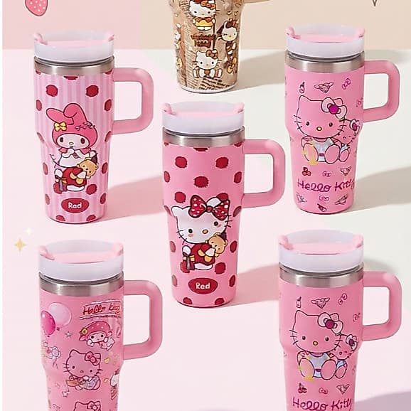Copo Térmico Com Alça Hello Kitty Inox – Com Tampa e Canudo 600ML