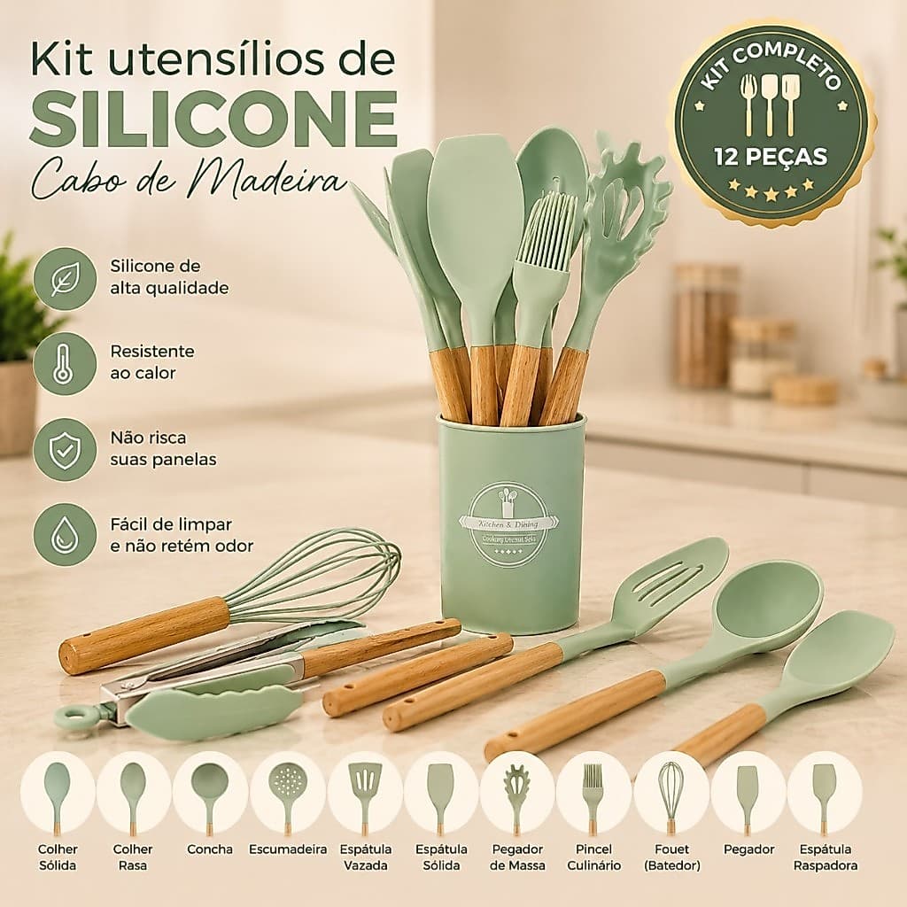 Kit Completo12 Peças Para Cozinha Em Silicone Cabo Madeira Cor verde