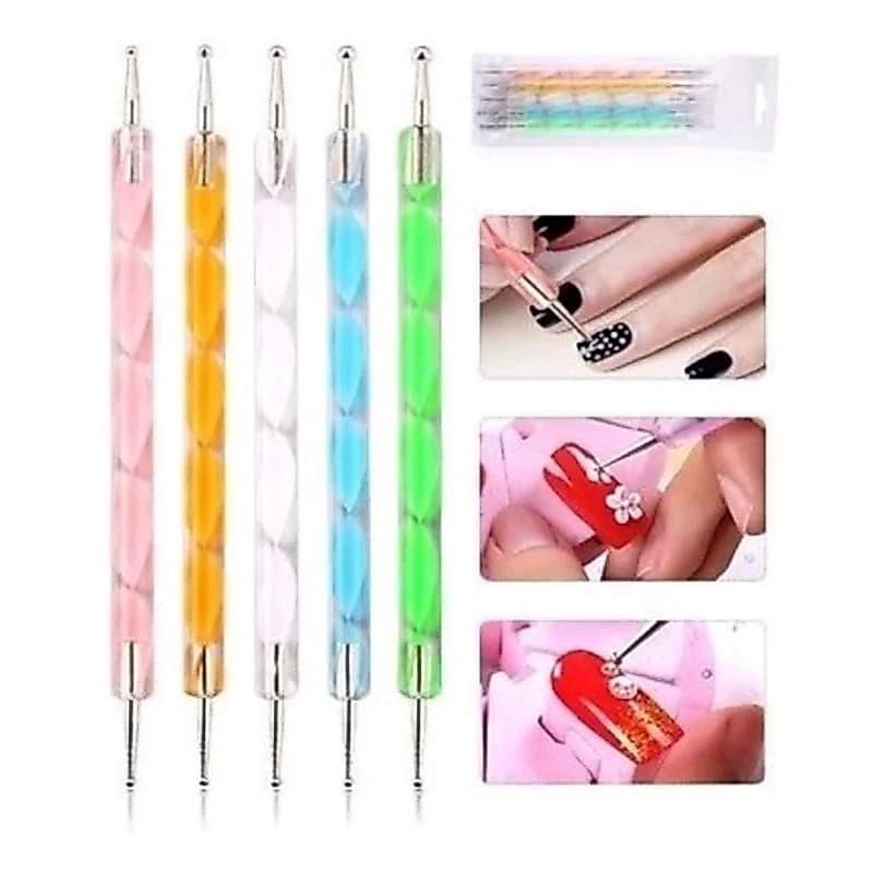 Kit 5 Boleadores Pinceis Ponta Dupla Decoração Unha Colorido ou Miss Frandy NAILDESIGNER DECORAÇÃO