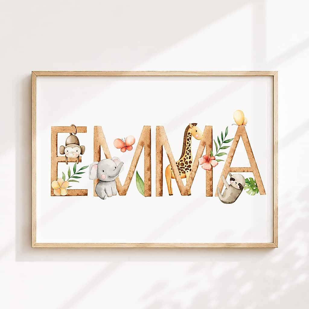 Quadro PERSONALIZADO COM NOME - Envie nome no chat | Aquarela Animais Safari | Quarto Menina – No435