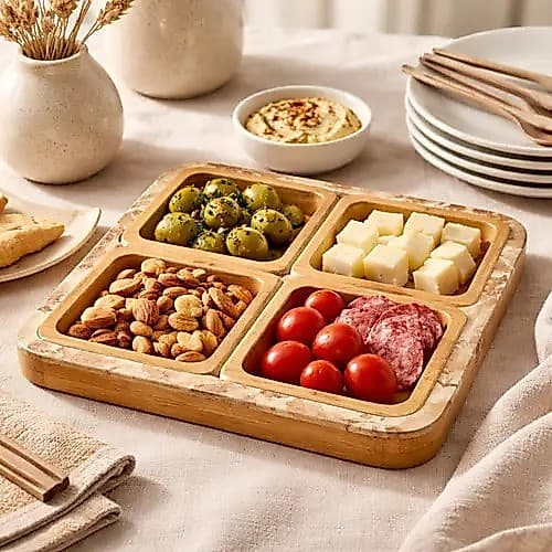 Conjunto 4 Petisqueiras Madeira Com Base Quadrada Para Frios Queijos Petiscos Aperitivos