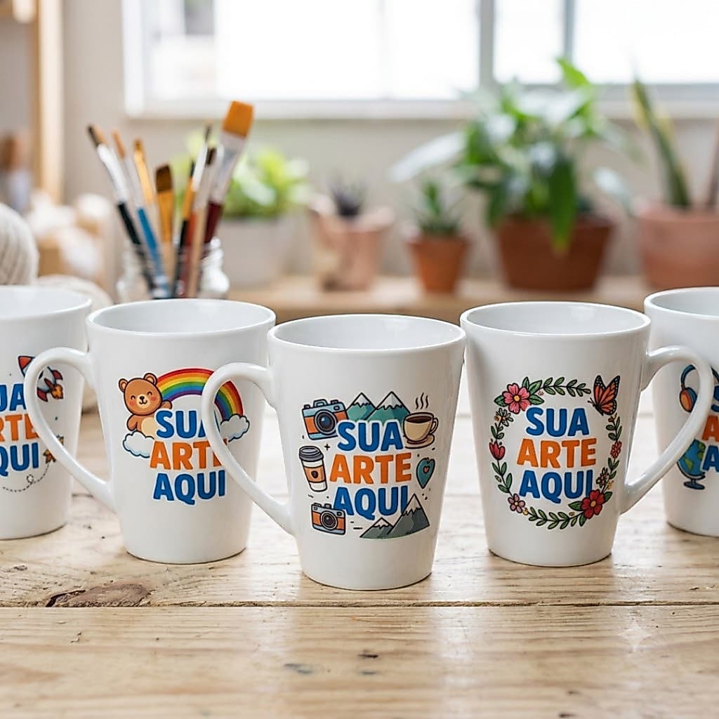Kit 12 Canecas Porcelana Taça Vidro Caneca de Vidro Personalizada Estampa DTF UV com Relevo 3D - Brilho Premium