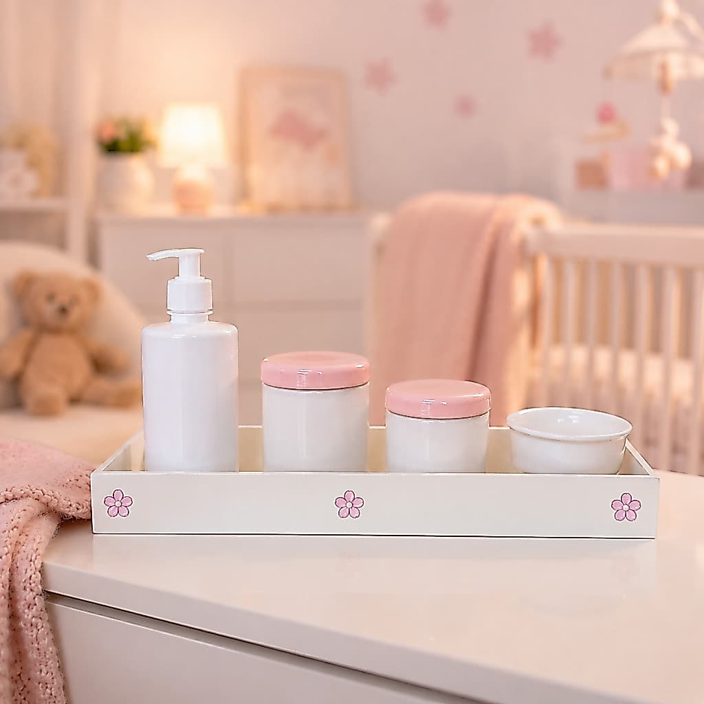 Kit higiene bebe porcelana floral rosa