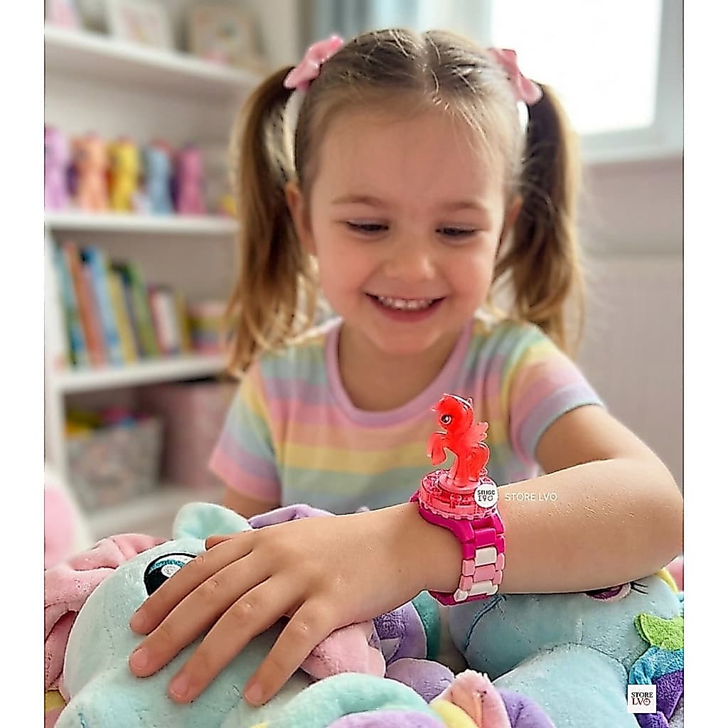Kit Relógio Infantil Menina Digital Little Pony Unicórnio + Boneco Lego Brinquedo giratório 360 Rosa
