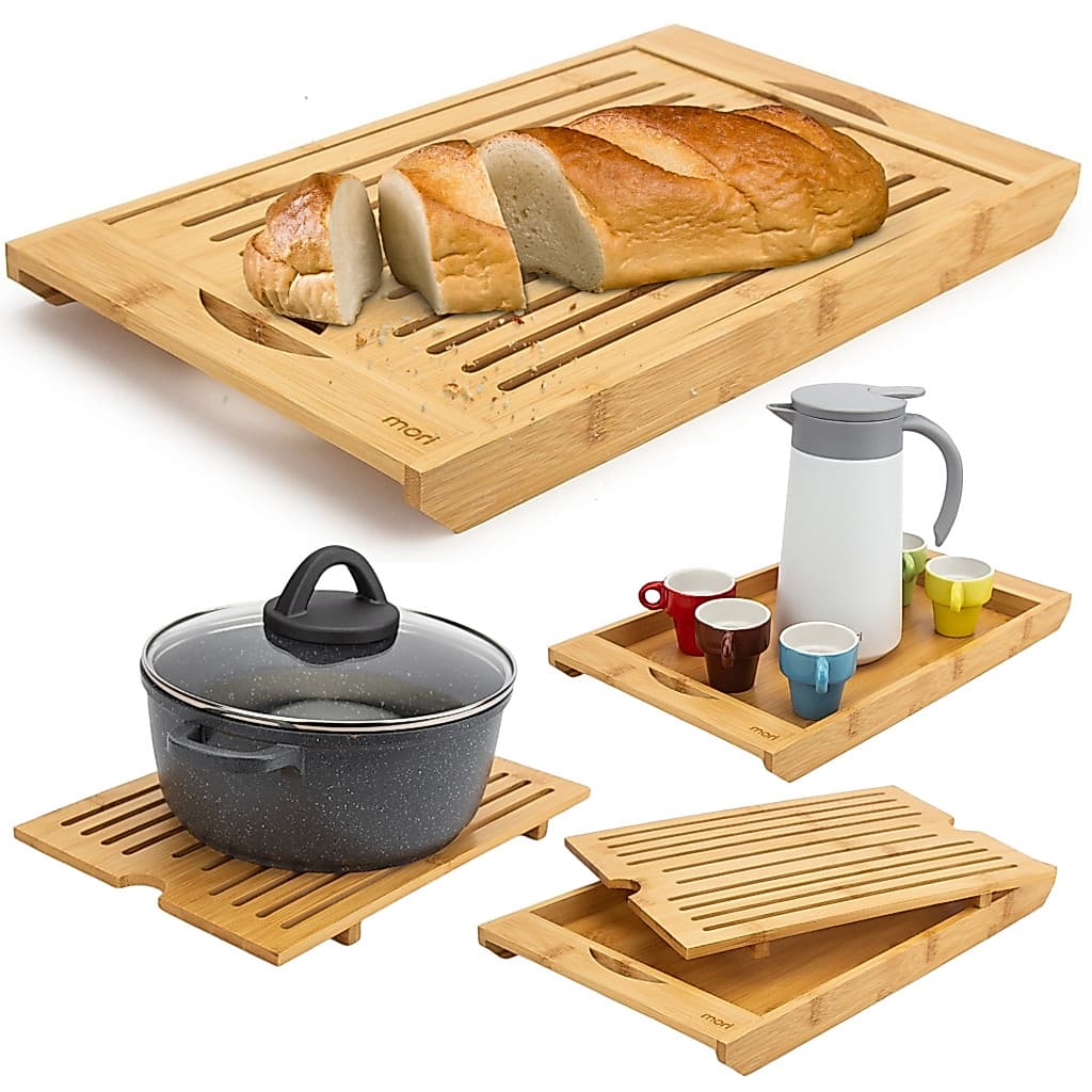 Tábua de Corte e Migalheira 4 em 1 de Bambu - Para Pão Bolo Fruteira Bandeja e Descanso de Panela