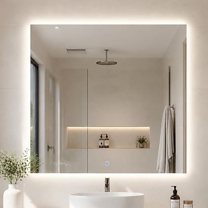 Espelho de Parede Grande Quadrado Lapidado com 3 Cores LED Botão Touch 40cm a 70cm Banheiro