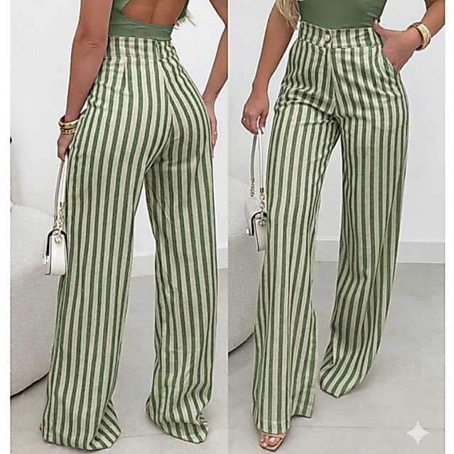 Calça Listrada Pantalona Feminina Estilosa e Elegante Com Bolso Frontal