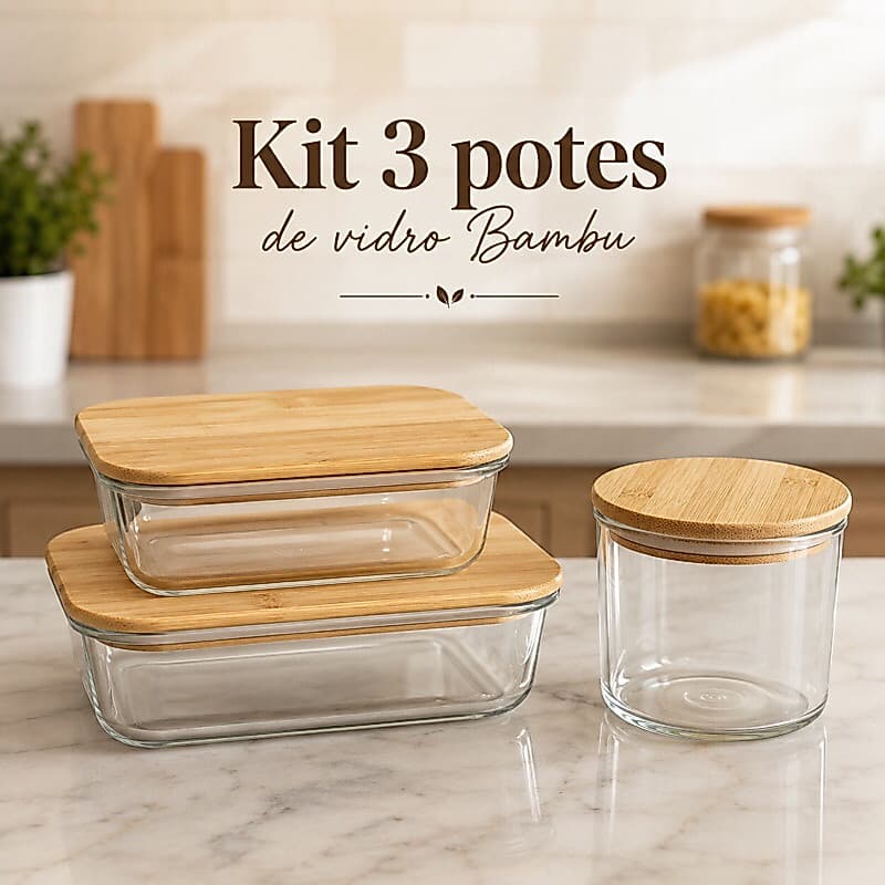 KIT 3 Pote Vidro Hermético com Tampa de Bambu Clean Sofisticado Armazenar Alimentos Alta Qualidade