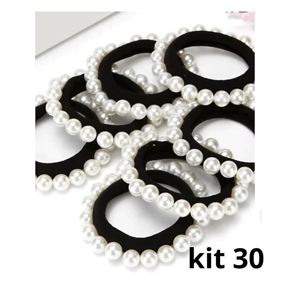 Kit 30 unidades Elástico amarrador de cabelo Com Pérolas branco acessorios xuxinha para cabelo 30 unidades