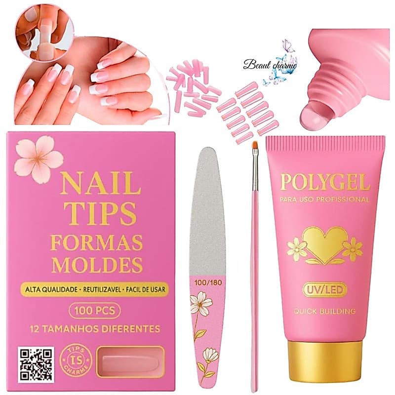 Kit Polygel Unha de Gel Completo Poligel Alongamento Manicure Molde F1 Unhas Lixa Unhas