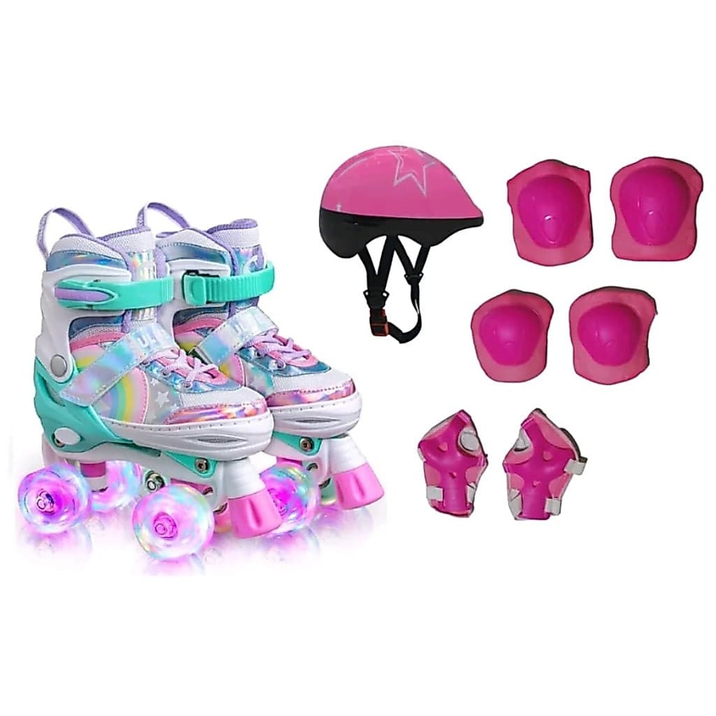 Patins Infantil Arco Íris Quad Com Ajuste De Tamanho Rodas Com Led Mais Kit Proteção Segurança