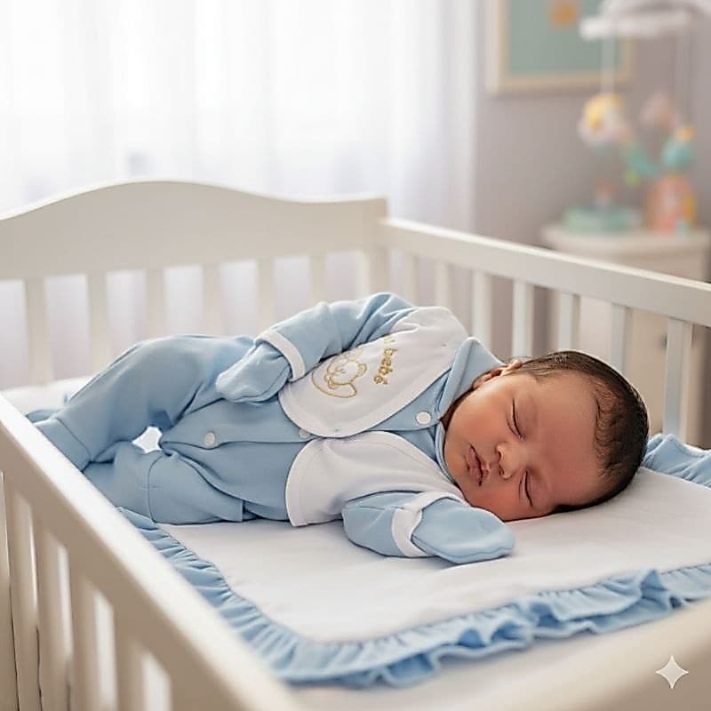 Saída Maternidade Menino e menina Algodão 3 Peças - Kit Macacão Vira Pé + Manta + Luva Azul Clássico