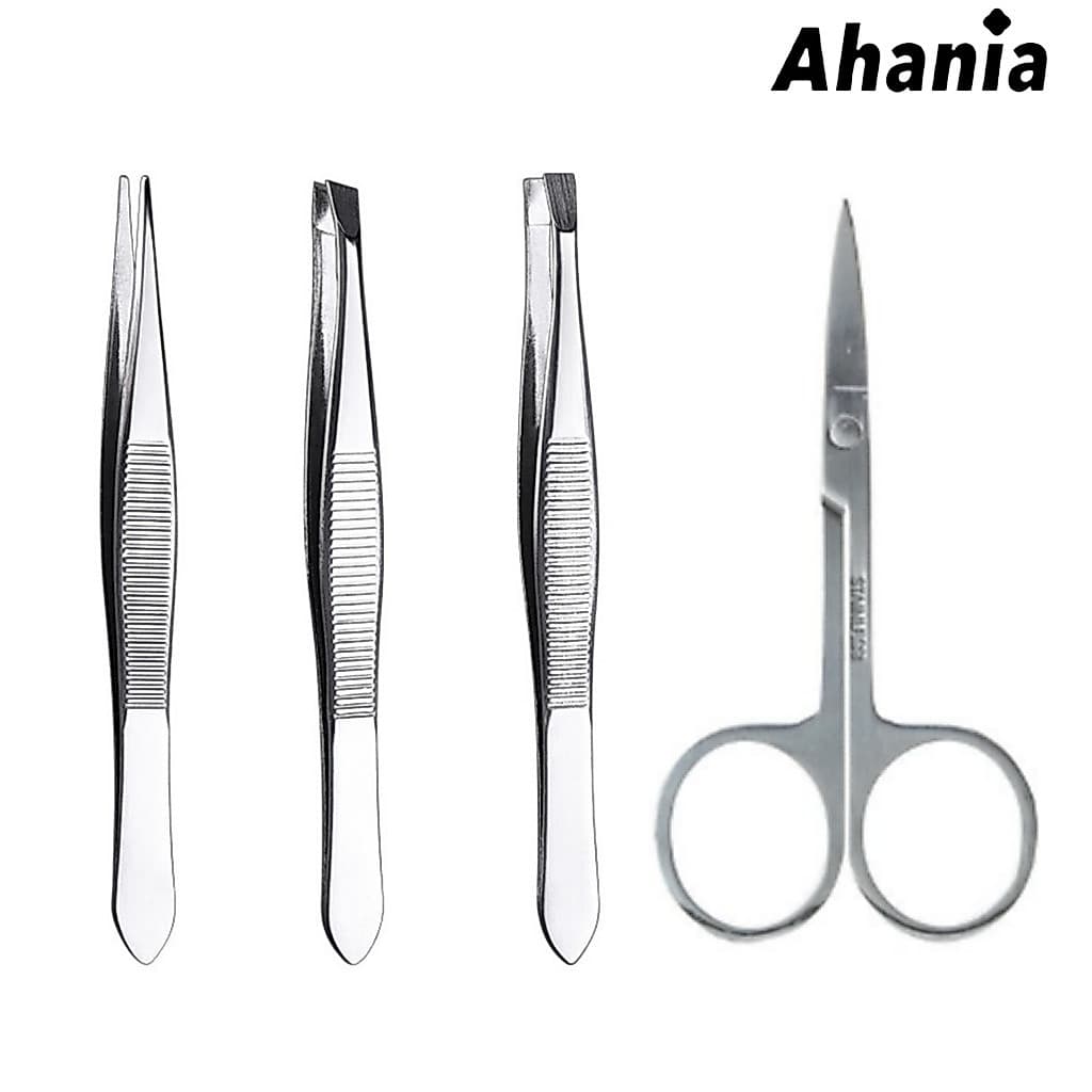 Kit de 3 Pinças e Tesoura Para Sobrancelhas Aço Inoxidável, Ponta Reta, Chanfrada e Fina + Tesoura Ponta Fina