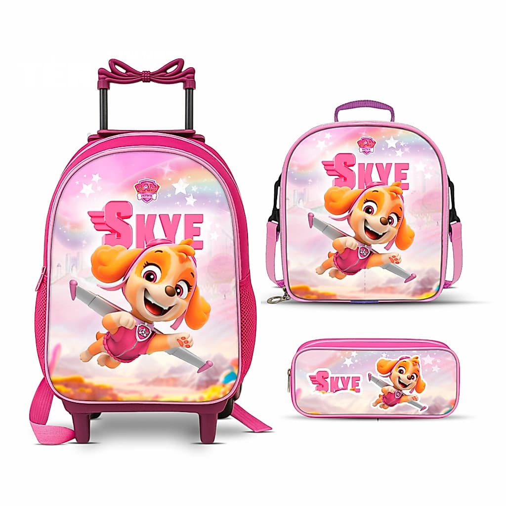 Mochila escolar infantil Skye + Lancheira Térmica + Estojo de Rodinhas Reforçada - Menina