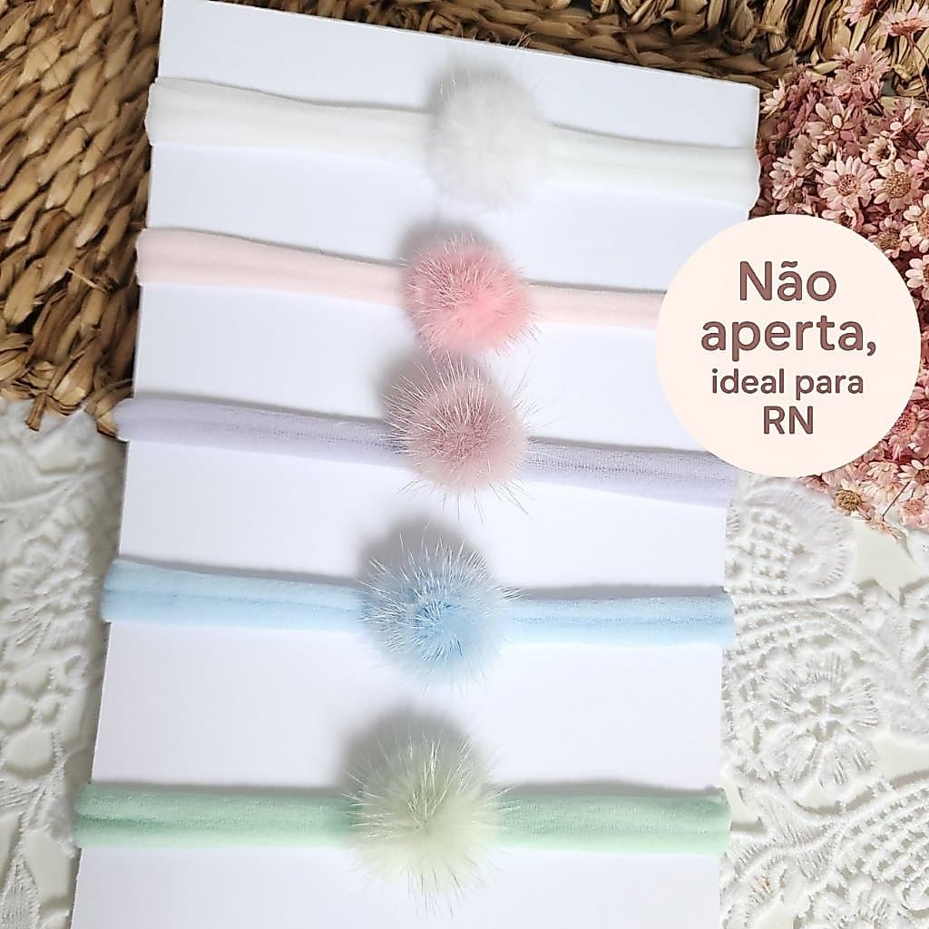 kit 5 pompom Faixinha de Meia Macia para Recém-Nascido | Kit de Laços Tecido RN | Tiara Bebê Menina