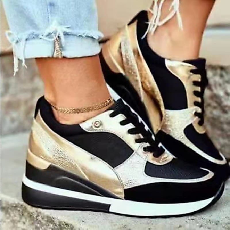 Tênis Feminino Rendas Correndo Cunha Plataforma Vulcanizada Sapatos Casuais Confortáveis Ao Ar Livre
