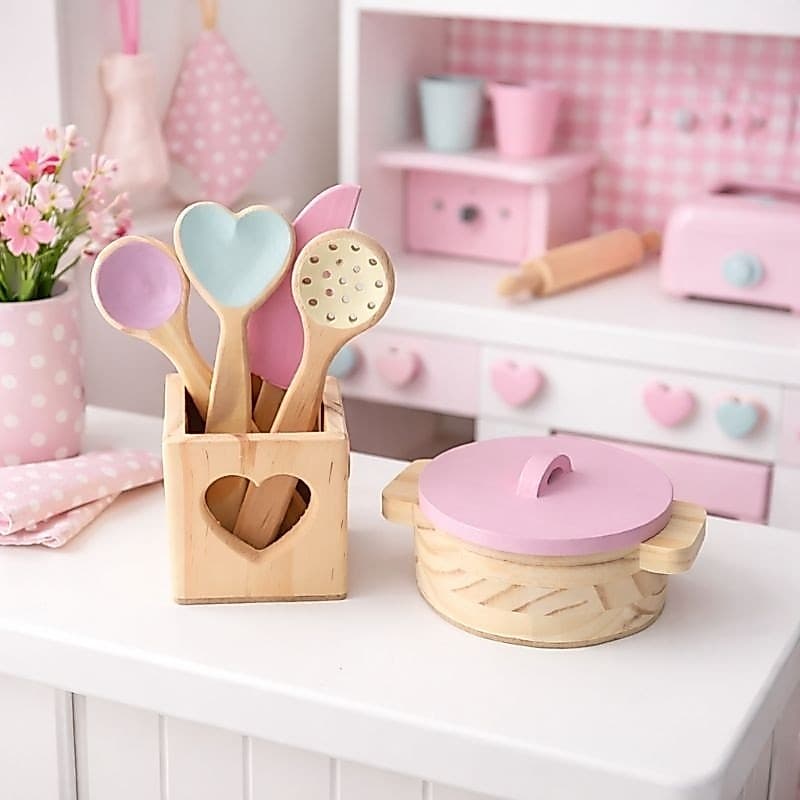 Brinquedo Cozinha Infantil Madeira com Panelinhas e Utensílios Educativo Rosa Montessori  Presente