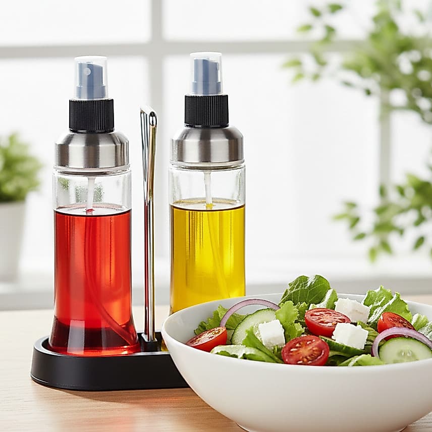 Galheteiro Spray para Azeite e Vinagre em Vidro e Inox com Bico Dosador Spray Suporte e Alça