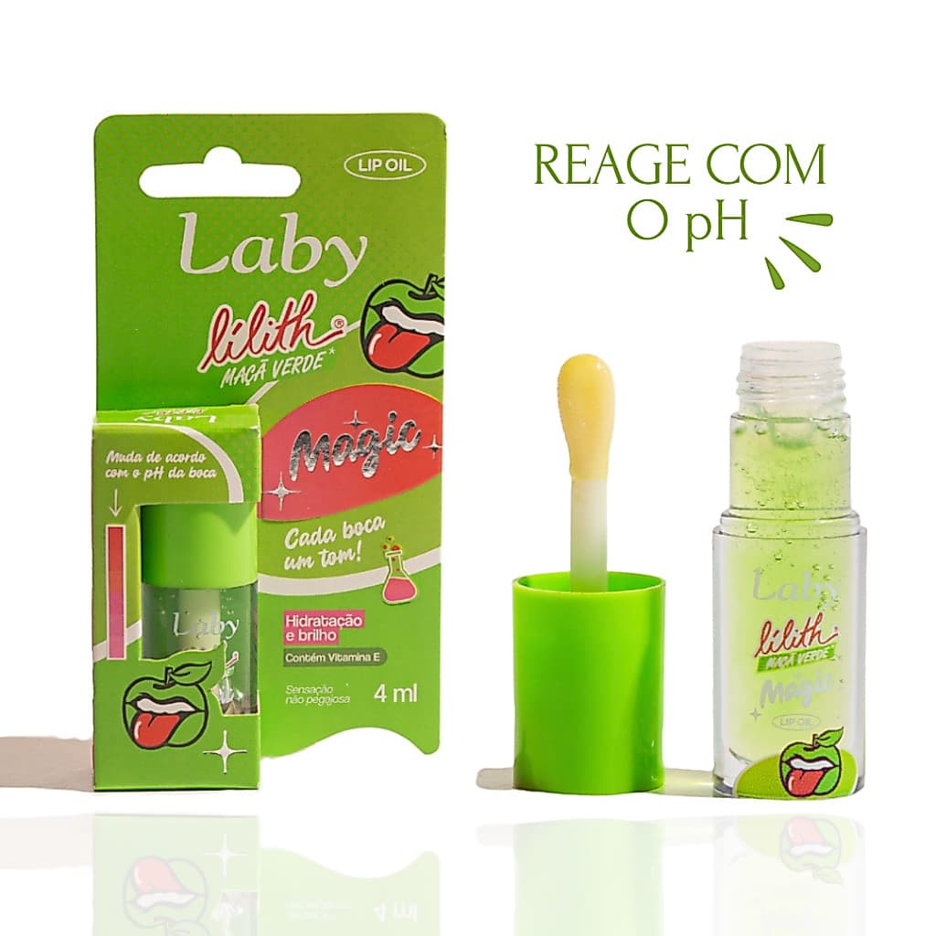 Lip Oil Magic Maçã Verde Laby Bala Lilith Laby pH 4ml - Reage com pH da boca.