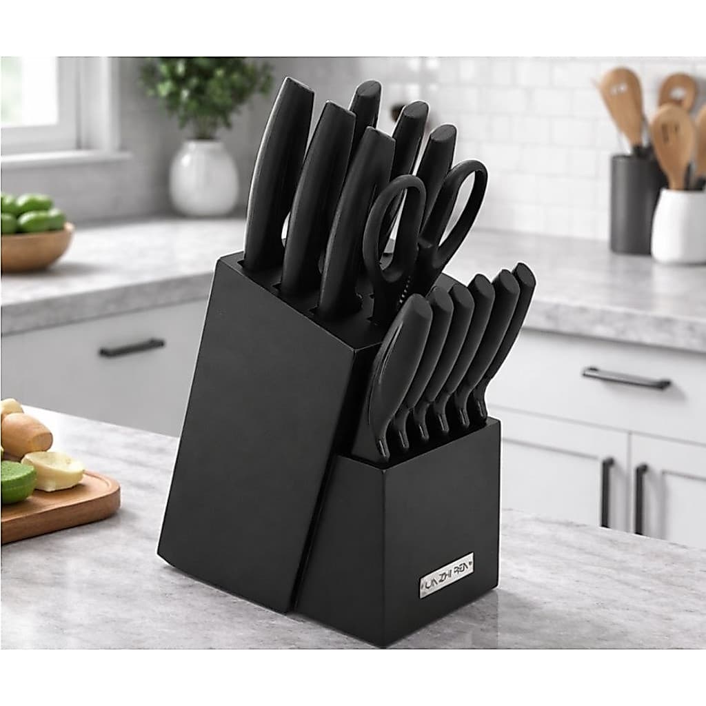 Jogo 14 Peças Facas Aço Inox Preto Suporte Madeira Cozinha Preto