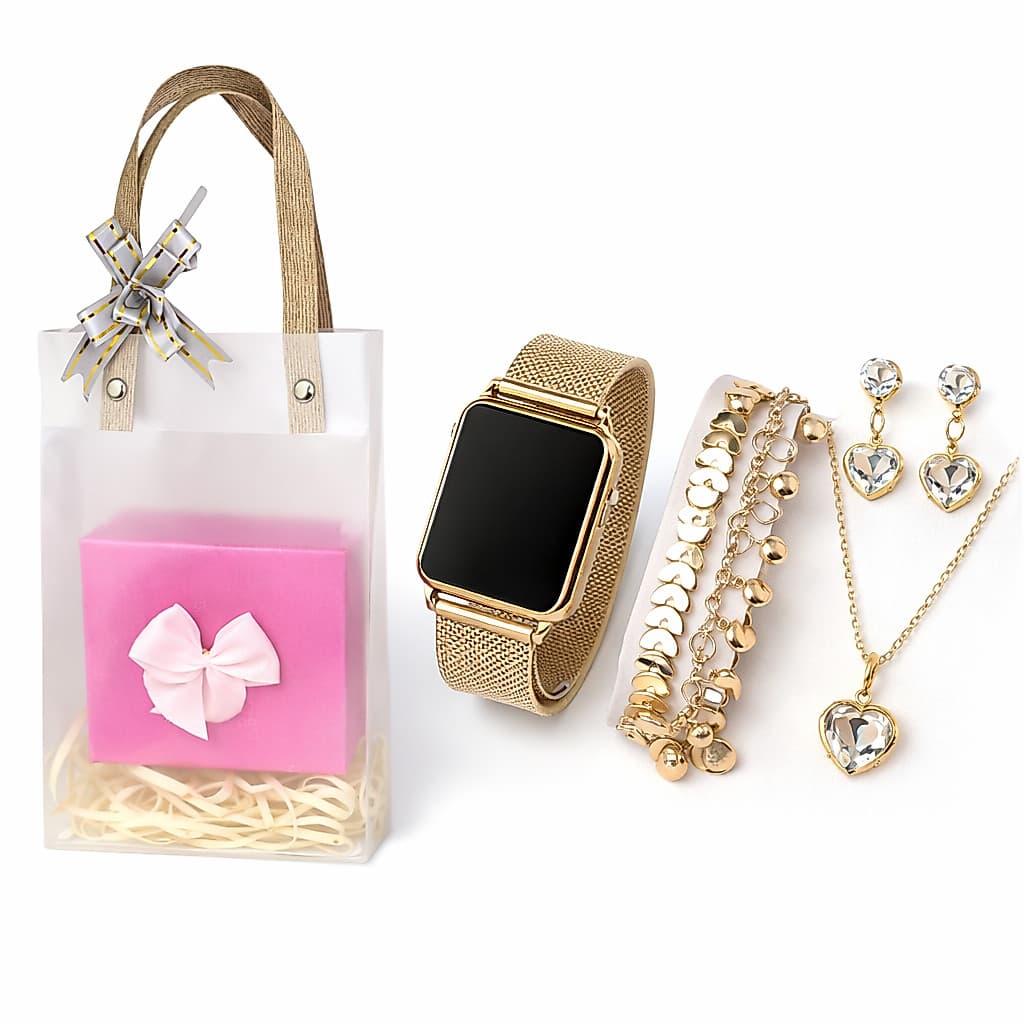 Relógio Digital Feminino Luxo + Colar Brincos Folheado + Pulseira Sacola - Presente dia das Mães, presente de natal